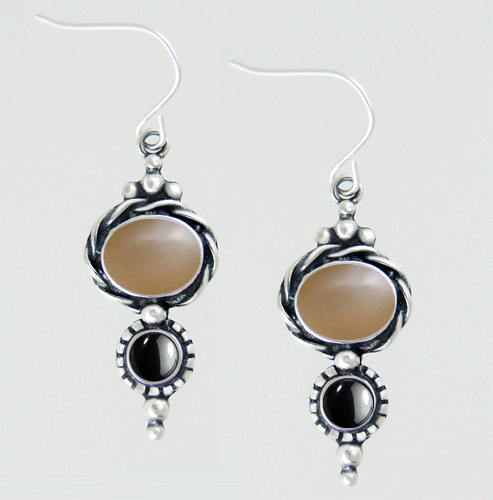 Sterling Silver Drop Dangle Earrings With Peach Moonstone And Hematite